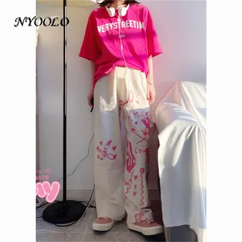 NYOOLO Harajuku Japonez de Dragoste Inima Dulce de Desene animate Anime Fata Plaid Print Y2K Direct Pantaloni Femei Kawaii 90 Supradimensionate, Pantaloni 