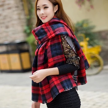Mingjiebihuo Noua moda toamna și iarna lungă cu dublă utilizare față-verso eșarfă confortabil șal gros cald carouri femei fete eșarfă 
