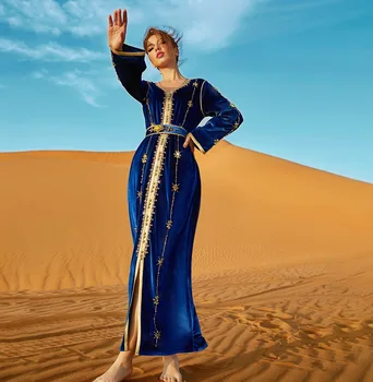 Albastru Royal Dubai Caftan Rochie De Seara Cu Cristale Elegant Cu Maneca Lunga Din Catifea Arabă Musulmană Rochie De Bal Rochii Chic Robe De Mariée 