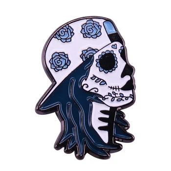 Fata De Zahăr Craniu Cu Par Lung Email Pin De Flori Pe Cap Brosa Pentru Rever Strat Eșarfă Pulover De Groază Insigna 