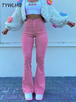 Streetwear Y2k Blugi Evazati pentru Femei Talie Mare de 90 de Moda Roz Întinde Largi Mama Blugi Largi Picior Pantaloni Elegante, Pantaloni din Denim 2021 