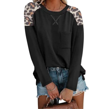 Toamna Femei Bluza 2021 Moda O-gât cu mâneci Lungi Leopard de Imprimare Mozaic de Buzunar Pulover Doamna Tricou Casual Vintage Vrac Top 