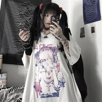2021 Vara Noi De Sex Feminin Casual Negru Solid Tricou Gotic Anime Femei Vrac Desene Animate Elevii Liber Streetwear Topuri Tricouri