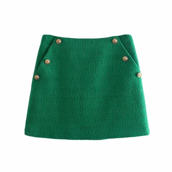 YENKYE 2021 Femei Verde Tweed Fuste Faldas Mujer Fermoar Talie Inalta Fusta a-line Mini Doamnelor Toamna Jupe 
