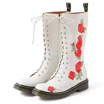2021 Femei Cizme Toamna Iarna Pantofi Casual Piele Cizme Jumătatea vițel Cizme Crescut cu Broderie Alb-Negru din Piele Cizme Înalte 