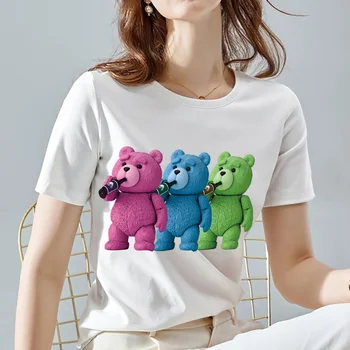 Noua Moda pentru Femei T-shirt de Vară Desene animate ursuletul de Imprimare Model Seria T-shirt Alb Tendință de Moda de Top Doamnelor Mâneci Scurte