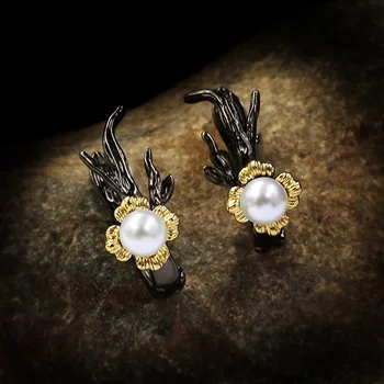 2021 Moda De Lux Încrustat Floare Perla Cercei Argint 925 Cercei De Aur Negru Accesorii De Nunta Cadouri De Bijuterii Perla 