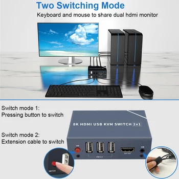8K compatibil HDMI Splitter 4K Comuta switch KVM USB 2 in1 Switcher Pentru calculator, monitor, Tastatură Și Mouse-ul EDID / HDCP Printer 