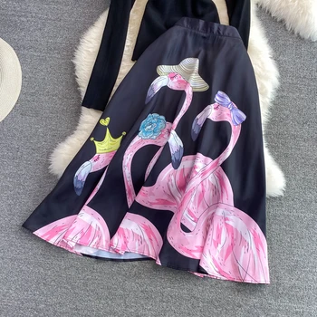 2021 Toamna Iarna Runway Două Bucata Set Pentru Femei Tricotate Pulover Negru + Florale Talie Mare Rochie De Bal Lung Maxi Fusta Costum S69517 
