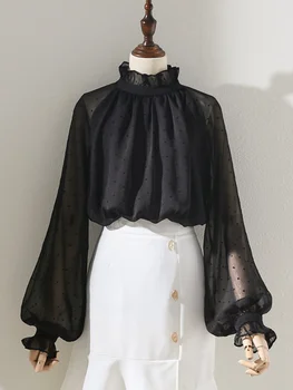 Ușor, De Culoare Neagră Cu Buline Femei Șifon Bluza De Vara 2021 Volane Gât Cu Mâneci Lanternă Vedea Prin Doamnă Elegant Trage Topuri 