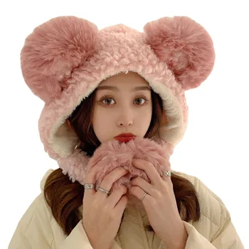 Ureche capac de protecție de sex feminin de pluș drăguț urechi versiunea coreeană sălbatice de pluș Ursuleți Chelioși de echitatie cap de schi de iarnă pentru femei caciula cadou 