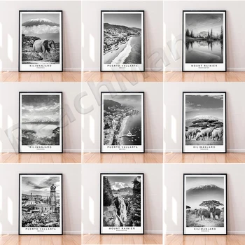 Călătorie printuri, Muntele Rainier din Statul Washington, Puerto Vallarta, Mexic, Muntele Kilimanjaro, Tanzania Decorative canvas poster