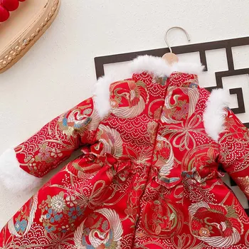 Copilul Rochie Rosie Cu Maneci Lungi Îngroșa Iarna Cald De Flori Embrodiery Stil Chinezesc Anul Nou Haine Tradiționale Pentru Fete 