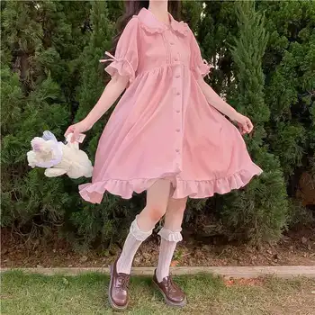Kawaii Lolita Rochie de Vară Stil Japonez moale fată drăguță ciuperca guler Peter Pan bubble cu mânecă scurtă unduiri rochie de sex feminin 