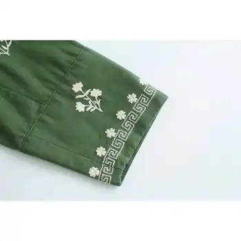 2021 Femei Vintage Florale, Broderie Verde Bluze Tricou Rever Mâneci Lungi Moda Lady Chic Casual Tricouri Femei Topuri 