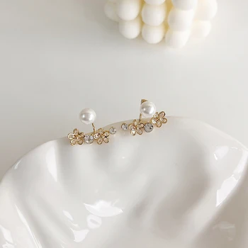 2022 Modei Coreean Floare De Cristal Cercei Pentru Femei Elegant Pearl Două Porți Dulce Zircon Floare Stud Cercel Petrecere De Nunta Cadou 