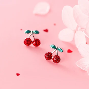 MloveAcc Moda Dulce Romantic Real Argint 925 Roșu Zircon Cherry Cercei Stud pentru Fete Adolescente Fructe Femei Bijuterii Cadou 