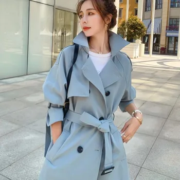 2021 Femei De Moda Trench Bej Albastru Long Double-Breasted Cu Centura De Primavara Toamna Lady Strat De Sex Feminin Coreeană Liber Îmbrăcăminte Exterioară 