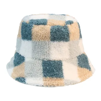 Găleată pălărie de blană cald flat top pălării de iarnă pentru femei mozaic margine largă green blue moda iarna femei pălării 2021 noi gorro pescador 