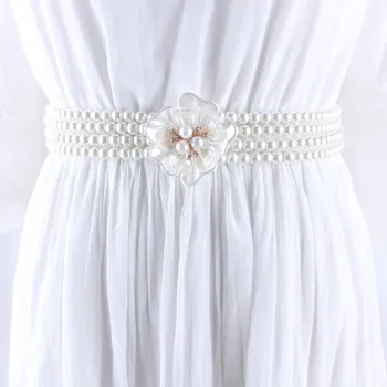 De lux pentru femei de moda pearl lanț curea offwhite flori Korean talie elastic de etanșare bretele late, decorate rochie stretch de înaltă calitate 