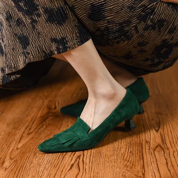 2022 Primavara/Toamna de Oaie piele de Căprioară Femei Pantofi de petrecere a timpului LIBER pentru Femei Pompe Square Toe Tocuri Pantofi pentru Femei Pantofi pentru Femei Zapatos De Mujer Ciucure 