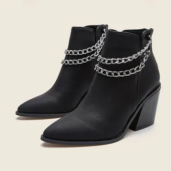 Femei Glezna Cizme groase de Iarna Pantofi 2021 Noi Femeile Cowboy Indesata Papuceii de Moda 8cm Tocuri inalte Negre din Piele Bej Lanț Cizme 