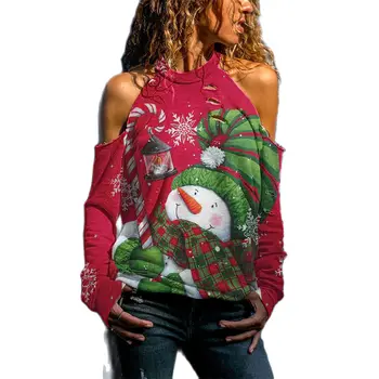 Ziua de crăciun Moș Crăciun de Imprimare Sexy de Pe Umăr tricou Femei de Top de Toamna cu Maneci Lungi Gaura Casual Pulover Vrac Streetwear 