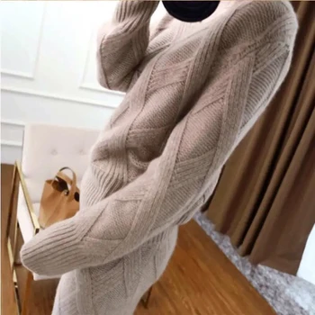 Tricotate Casual costum 2021 toamna/iarna îngroșarea V-neck pulover vrac + fusta lunga din două piese coreeană de moda de îmbrăcăminte pentru femei 