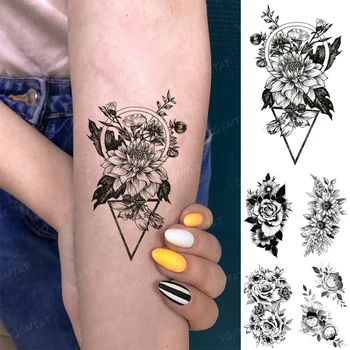 Sexy Flori De Transfer De Apă Tatuaj Temporar Autocolant Femeie De Lotus, Bujor Trandafir Henna Flash Tatuaj Braț Negru Body Art Fals Tatuaj Om 