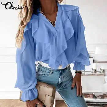 2021 Femei de Moda a lui Ciufulit V-neck Shirt Celmia Casual Pierde Mult Flare Tunica Maneca Topuri Elegante OL Solid Bluze