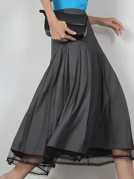 LANMREM 2022 Primăvară Nouă Grey Dantela Cusute Fusta cu Talie Inalta pentru Femei Mid-lungime rochie a-line Plisate Fuste de Moda de sex Feminin Casual 2W395 