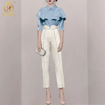 SMTHMA 2021 Noua Moda Femei Casual Temperament Ciufulit Tricou Două Seturi de Piese +de Înaltă Talie Pantaloni Lungi Costum