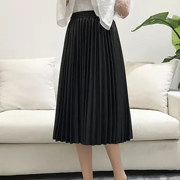 PU Piele Fusta Plisata Femei Toamna Elegant Solid Elastic Talie Mare Toate-meci Fuste Midi Office Lady Chic Streetwear Fusta 