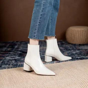MORAZORA Full Piele Cizme Femei cu Fermoar Tocuri Ascuțite Toe Culoare Solidă de Moda Doamnelor Glezna Cizme Pentru Femei Pantofi 