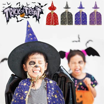 Copii Costum de Halloween Vrăjitoare, Vrăjitor Mantie Capul cu Pălărie ascuțită Set Cosplay Anime Petrecerea Stele Model Fete Baieti Magician Tinuta 