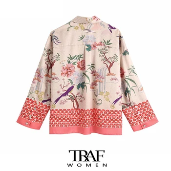 TRAF Za de Moda pentru Femei Florale Imprimare Vrac Asimetrice Bluze Vintage cu Maneci Lungi Buton-up Feminin Tricouri Blusas Topuri Chic
