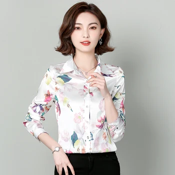 Toamna Moda coreeană Satin Femei Tricouri Guler de Turn-down Mătase Birou Doamnă Button Up Shirt Negru Doamnelor Topuri 