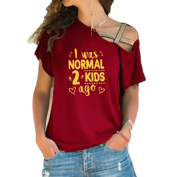 Femeile sunt Normal 2 Copii Urmă Print t camasa Femei cu Maneci Scurte moda nou tricou Neregulate Oblic Cruce Bandaj tee topuri 