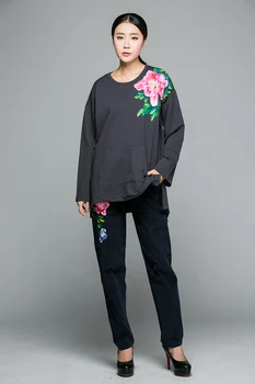 Noi 2017Autumn femei pictate manual casual tricou vrac se potrivi China stil split end pulovere femei sudadera uza tinuta de top 
