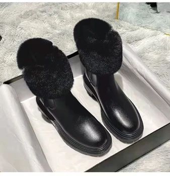 Femei De Moda De Iarnă Toc Indesata Glezna Cizme De Piele Doamnelor Fermoar Platforma Blanuri Pantofi Fete Degetele De La Picioare Rotunde Lână Chelsea Cizme Negre