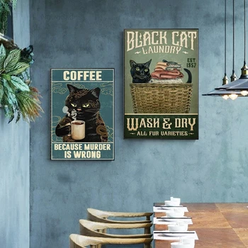 Nordic Panza Pictura Pisica Neagra Spălătorie Cafea Postere si Printuri de Animale Arta de Perete Imagini Living Modern Decor Acasă