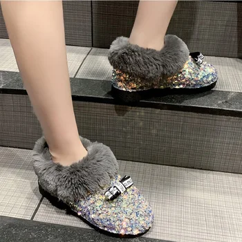 Femei Pantofi de Iarna Sclipici Cizme Scurte Femei Pluș Cald Cizme Glezna Doamnelor Plat cu Blană pentru Femei Bling Papion cu Fermoar Moda Pantofi