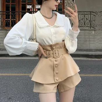 Moda coreeană OL Uzura de Muncă 2 Bucata Set pentru Femei Camasa cu Maneca Lunga Bluza + pantaloni Scurți de Înaltă Talie Seturi de Primăvară Cădea de Două Bucata costum