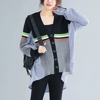 Plus Dimensiune Tricotate Mozaic De Epocă Cu Dungi Tricou Femei Coreean Primavara Casual Cu Maneci Lungi Vrac Bluza Haine Femei Topuri 2021
