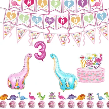 Drăguț Dinozaur Roz Party Set Pentru Copii Fete Ziua De Naștere Petrecere De Vacanță Decorare Farfurie De Hârtie Fata De Masa Party Set 