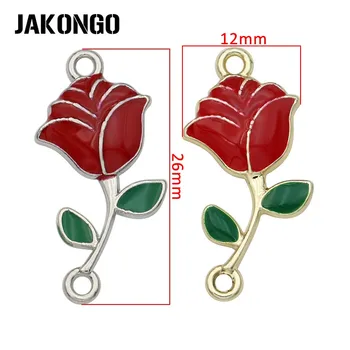 JAKONGO Argint Placat cu Email Roșu Floare Trandafir Conectori pentru a Face Bijuterii Brățară Accesorii DIY Constatările Ambarcațiuni 26x12mm 