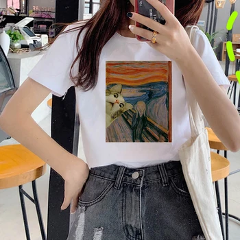De Vară 2020 Femei T-shirt Picturi de pisici Imprimat Tricouri Topuri Casual Tee Harajuku ' 90 Vintage Alb tricou Haine de sex Feminin 