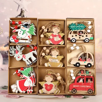 9PCS/Cutie de Crăciun din Lemn Pandantiv Angel Mos craciun Ornamente DIY Copac Agățat Decoratiuni de Craciun Decoratiuni DIY Cadouri pentru Copii 