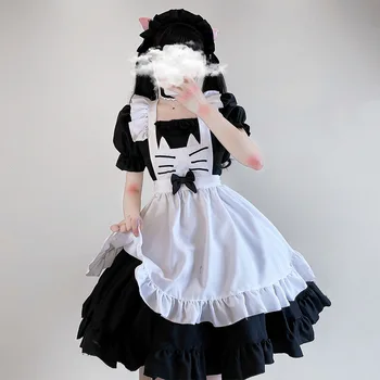 Pisica Alb-negru Costum de Servitoare de Două-Dimensional Lolita Maid Dress Japoneză Moale Fata Maneci Scurte Lolita Rochie pentru femei 