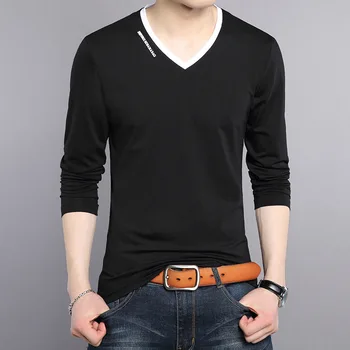 Tricouri Noi Casual Barbati Primăvara și Toamna Noi Topuri de Moda de Tineret cu mâneci Lungi Casual V-gât pentru Bărbați T-shirt din Bumbac Tricou Solid 